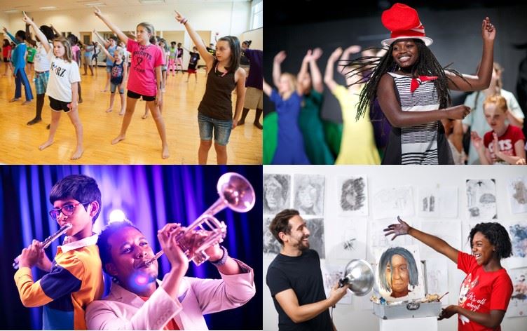 Four images of students engaging in each art form (music, theatre, dance and visual art) Four images of students engaging in each art form (music, theatre, dance and visual art)